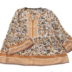 Fever Spring Shirt Cottagecore White & Peach Casual Boho Bell Sleeve Peplum Sz M